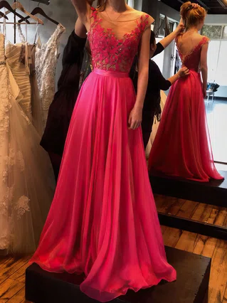 A-line Scoop Neck Chiffon Floor-length Appliques Lace Prom Dresses #Favs02018717 A-line Scoop Neck Chiffon Floor-length Appliques Lace Prom Dresses #Favs02018717
