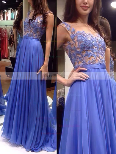 A-line Scoop Neck Chiffon Floor-length Appliques Lace Prom Dresses #Favs02018717