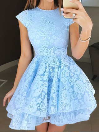 A-line Scoop Neck Lace Short/Mini Tiered Short Prom Dresses #Favs020107654 A-line Scoop Neck Lace Short/Mini Tiered Short Prom Dresses #Favs020107654