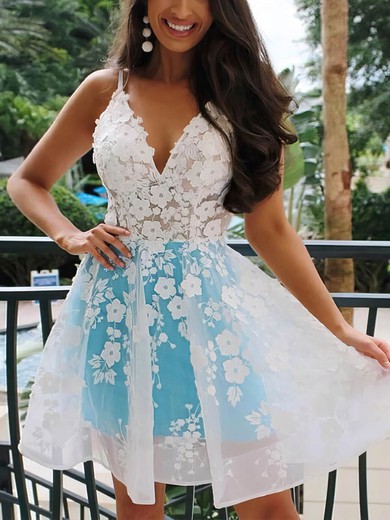 A-line V-neck Organza Short/Mini Appliques Lace Short Prom Dresses #Favs020107655