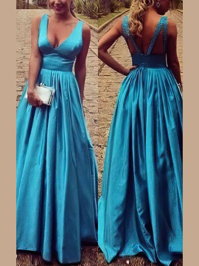 Princess V-neck Satin Floor-length Beading Prom Dresses #Favs02018723