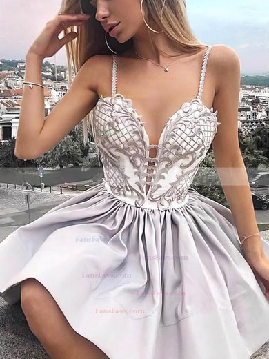 A-line V-neck Silk-like Satin Short/Mini Appliques Lace Short Prom Dresses #Favs020107658