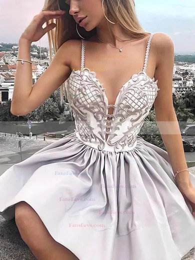 A-line V-neck Silk-like Satin Short/Mini Appliques Lace Short Prom Dresses #Favs020107658