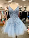 A-line V-neck Tulle Short/Mini Appliques Lace Prom Dresses #Favs020107661