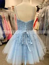 A-line V-neck Tulle Short/Mini Appliques Lace Prom Dresses #Favs020107661