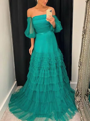 A-line Off-the-shoulder Tulle Sweep Train Tiered Prom Dresses #Favs020107664 A-line Off-the-shoulder Tulle Sweep Train Tiered Prom Dresses #Favs020107664