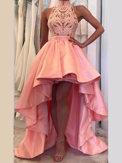 A-line High Neck Silk-like Satin Asymmetrical Appliques Lace Prom Dresses #Favs020107668