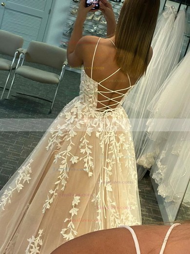 A-line Square Neckline Tulle Sweep Train Appliques Lace Prom Dresses #Favs020107669