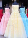 A-line Square Neckline Tulle Sweep Train Appliques Lace Prom Dresses #Favs020107669