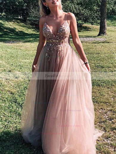 A-line V-neck Tulle Sweep Train Beading Prom Dresses #Favs020107677