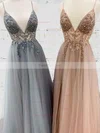 A-line V-neck Tulle Sweep Train Beading Prom Dresses #Favs020107677