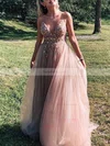 A-line V-neck Tulle Sweep Train Beading Prom Dresses #Favs020107677