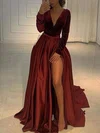 A-line V-neck Silk-like Satin Sweep Train Split Front Prom Dresses #Favs020107678