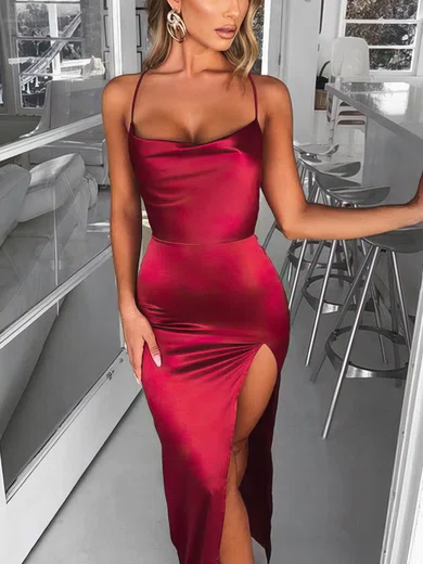 Trumpet/Mermaid Square Neckline Silk-like Satin Sweep Train Split Front Prom Dresses #Favs020107679