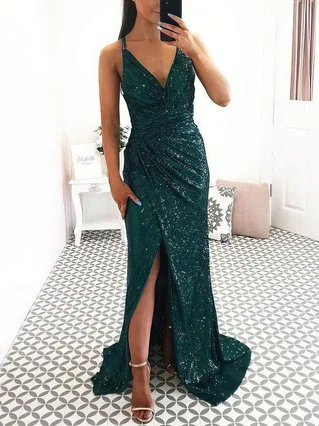 Trumpet/Mermaid V-neck Sequined Sweep Train Ruffles Prom Dresses #Favs020107680 Trumpet/Mermaid V-neck Sequined Sweep Train Ruffles Prom Dresses #Favs020107680