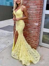 Trumpet/Mermaid V-neck Lace Sweep Train Split Front Prom Dresses #Favs020107682