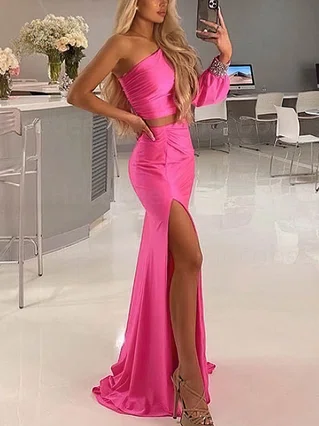 Trumpet/Mermaid Off-the-shoulder Silk-like Satin Sweep Train Split Front Prom Dresses #Favs020107685 Trumpet/Mermaid Off-the-shoulder Silk-like Satin Sweep Train Split Front Prom Dresses #Favs020107685