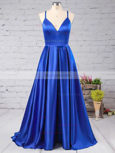 A-line V-neck Satin Sweep Train Prom Dresses #Favs02019053