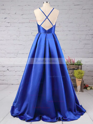 A-line V-neck Satin Sweep Train Prom Dresses #Favs02019053