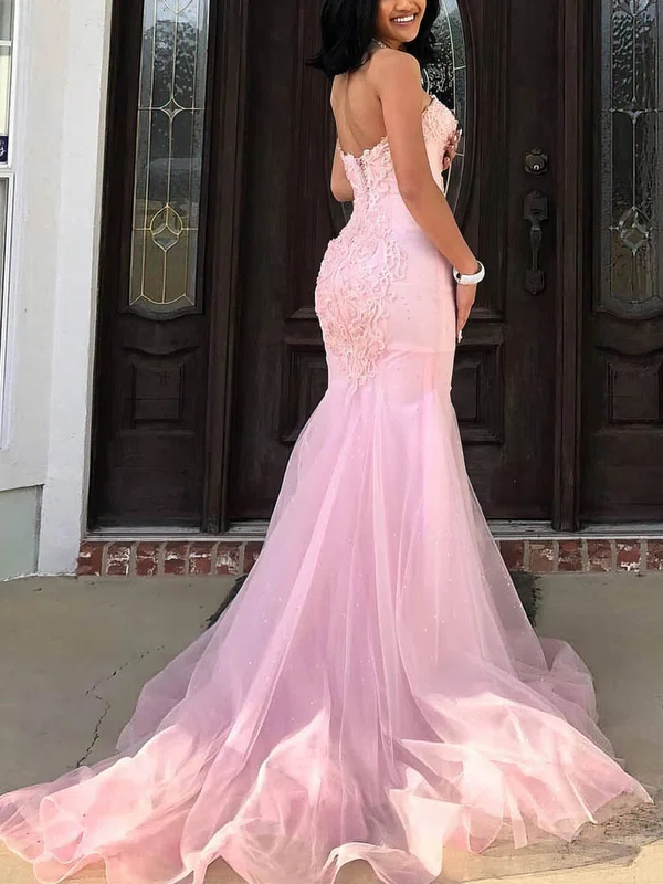 Trumpet/Mermaid Strapless Tulle Sweep Train Appliques Lace Prom Dresses #Favs020107690