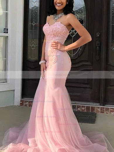 Trumpet/Mermaid Strapless Tulle Sweep Train Appliques Lace Prom Dresses #Favs020107690