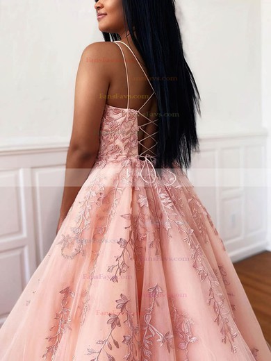 A-line Square Neckline Tulle Sweep Train Appliques Lace Prom Dresses #Favs020107691