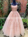 A-line Square Neckline Tulle Sweep Train Appliques Lace Prom Dresses #Favs020107691