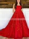 A-line Square Neckline Tulle Sweep Train Appliques Lace Prom Dresses #Favs020107691