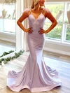 Trumpet/Mermaid V-neck Silk-like Satin Sweep Train Beading Prom Dresses #Favs020107700