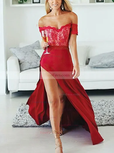 A-line Off-the-shoulder Silk-like Satin Sweep Train Appliques Lace Prom Dresses #Favs020107706