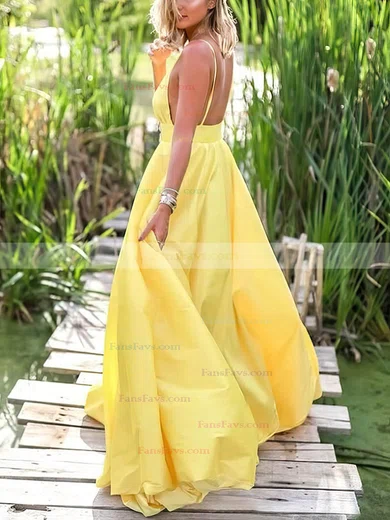 A-line V-neck Satin Sweep Train Prom Dresses #Favs020107708