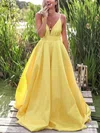 A-line V-neck Satin Sweep Train Prom Dresses #Favs020107708