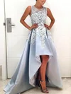 A-line Scoop Neck Satin Asymmetrical Appliques Lace Prom Dresses #Favs020107724