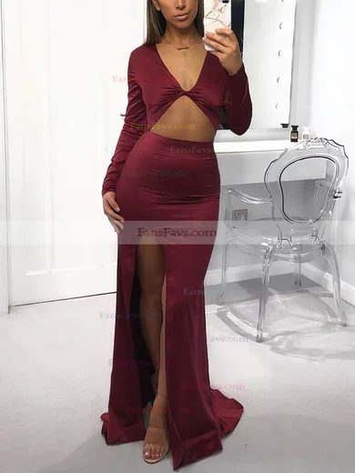 Trumpet/Mermaid V-neck Silk-like Satin Sweep Train Split Front Prom Dresses #Favs020107727