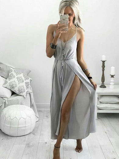 A-line V-neck Silk-like Satin Ankle-length Split Front Prom Dresses #Favs020107731