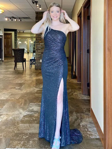 Trumpet/Mermaid One Shoulder Glitter Sweep Train Ruffles Prom Dresses #Favs020107734