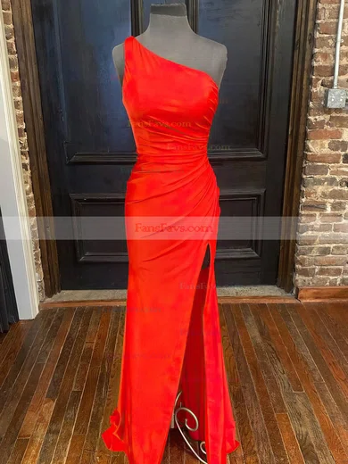 Trumpet/Mermaid One Shoulder Silk-like Satin Sweep Train Ruffles Prom Dresses #Favs020107742