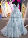 A-line V-neck Tulle Sweep Train Tiered Prom Dresses #Favs020107743