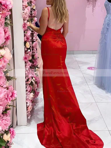 Trumpet/Mermaid V-neck Silk-like Satin Sweep Train Ruffles Prom Dresses #Favs020107747