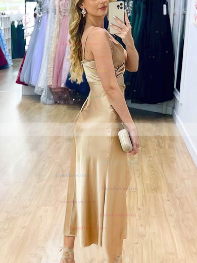 Sheath/Column V-neck Silk-like Satin Tea-length Split Front Prom Dresses #Favs020107748