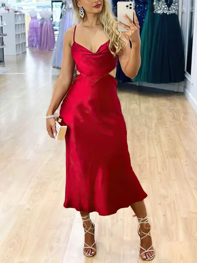 Sheath/Column Cowl Neck Silk-like Satin Tea-length Bow Prom Dresses #Favs020107749