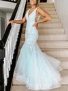 Trumpet/Mermaid V-neck Tulle Sweep Train Appliques Lace Prom Dresses #Favs020107750