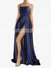 A-line Cowl Neck Silk-like Satin Sweep Train Split Front Prom Dresses #Favs020107751