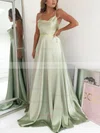 A-line Cowl Neck Silk-like Satin Sweep Train Split Front Prom Dresses #Favs020107751