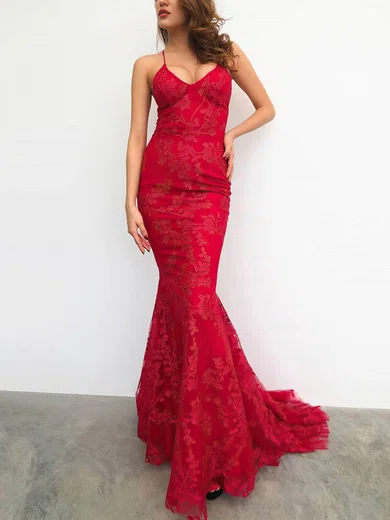 Trumpet/Mermaid V-neck Lace Sweep Train Prom Dresses #Favs020107752