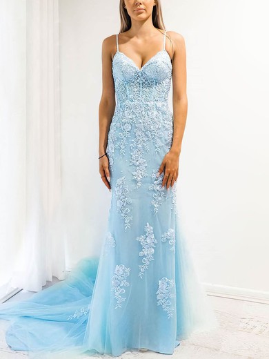 Trumpet/Mermaid V-neck Tulle Court Train Appliques Lace Prom Dresses #Favs020107753