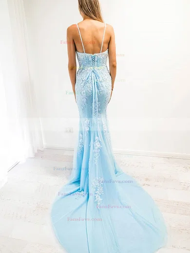 Trumpet/Mermaid V-neck Tulle Court Train Appliques Lace Prom Dresses #Favs020107753
