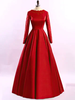 Ball Gown Scoop Neck Satin Sweep Train Appliques Lace Prom Dresses #Favs02023575