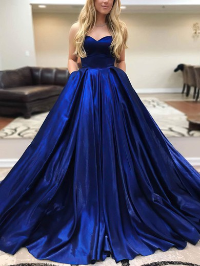 Ball Gown Sweetheart Satin Sweep Train Pockets Prom Dresses #Favs020107758