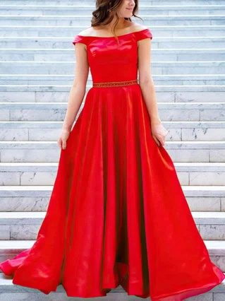 A-line Off-the-shoulder Satin Sweep Train Beading Prom Dresses #Favs020107759 A-line Off-the-shoulder Satin Sweep Train Beading Prom Dresses #Favs020107759